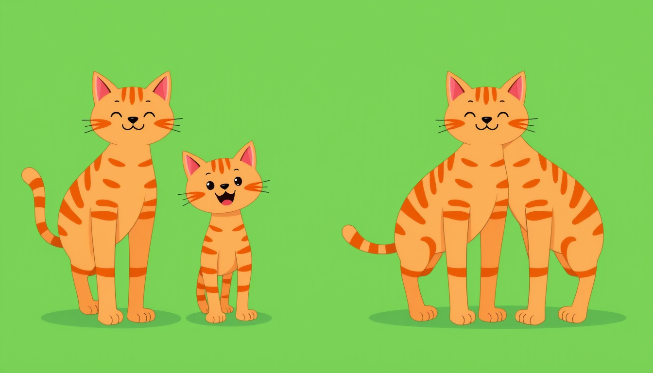 Main art studio: 4 identical cute cartoon cats, same design and proportions, full body, exactly 4 legs each, no extra limbs. Orange and beige fur with dark orange stri