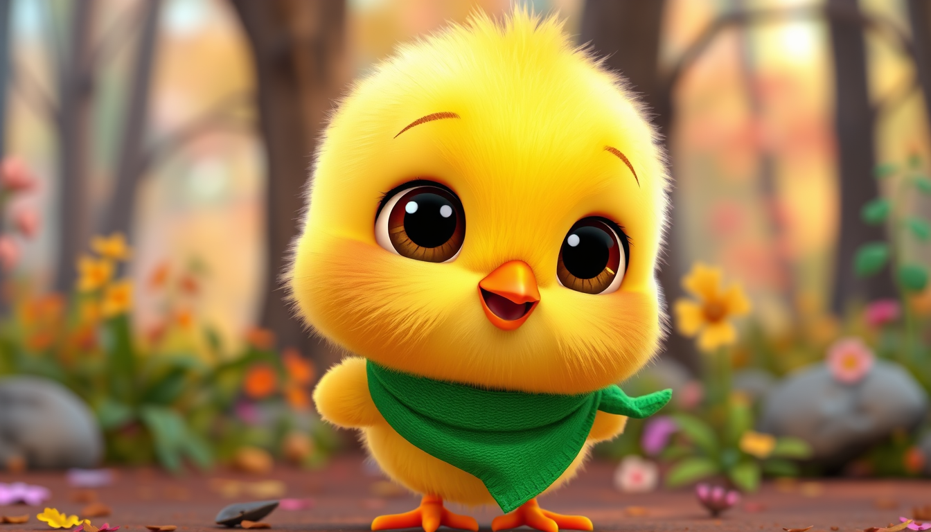 Main art studio: Cute baby chick, fluffy yellow feathers, huge round brown eyes, tiny orange beak, tiny orange feet, wearing a small green scarf. Adorable polished 3D