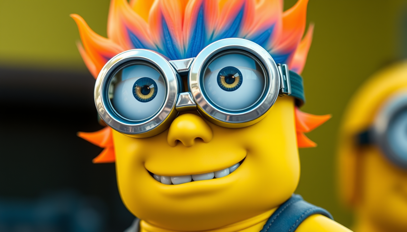 Main art studio: Skin turned bright Minion Yellow, but keeping Temoc’s iconic smirk and blue-outlined eyes. His spiky flame-hair shifts from orange and blue to a wild