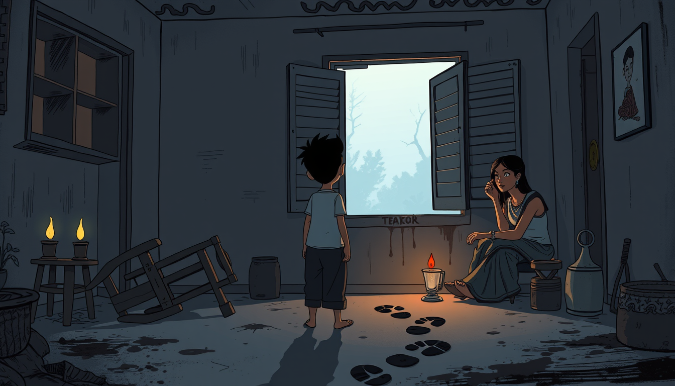 AI Art prompt example created from the prompt: Hand-drawn 2D Indian horror animation, young Aarav standing inside his family home at dawn, his father's room empty, an overturned wooden ch