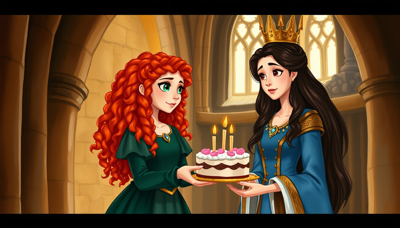 Main art studio: Inside DunBroch castle, Merida, a teenage princess with long curly red hair, green eyes, and a dark green dress, gives a magical cake to Queen Elinor.