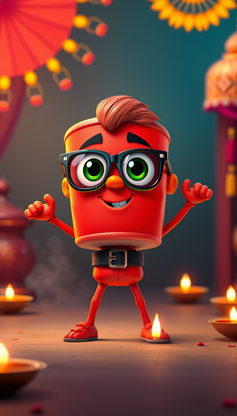 AI Art prompt example created from the prompt: Cute red cartoon firecracker character with big expressive eyes, cool sunglasses, tiny arms and legs, confident funny pose, colorful Diwali
