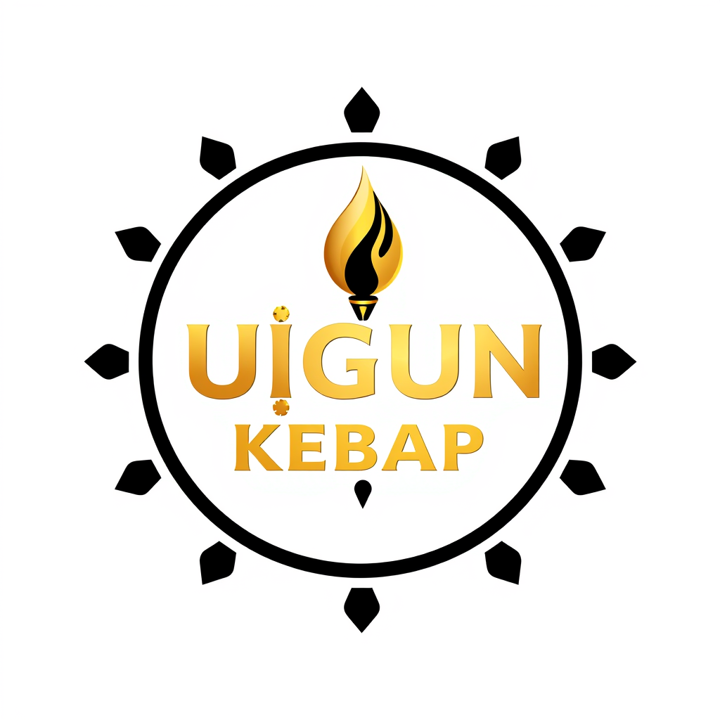 Main logo studio: Premium Turkish kebab restaurant logo for UÇGUN KEBAP. Elegant circular emblem combining a subtle flame and traditional kebab skewer, sophisticated bl