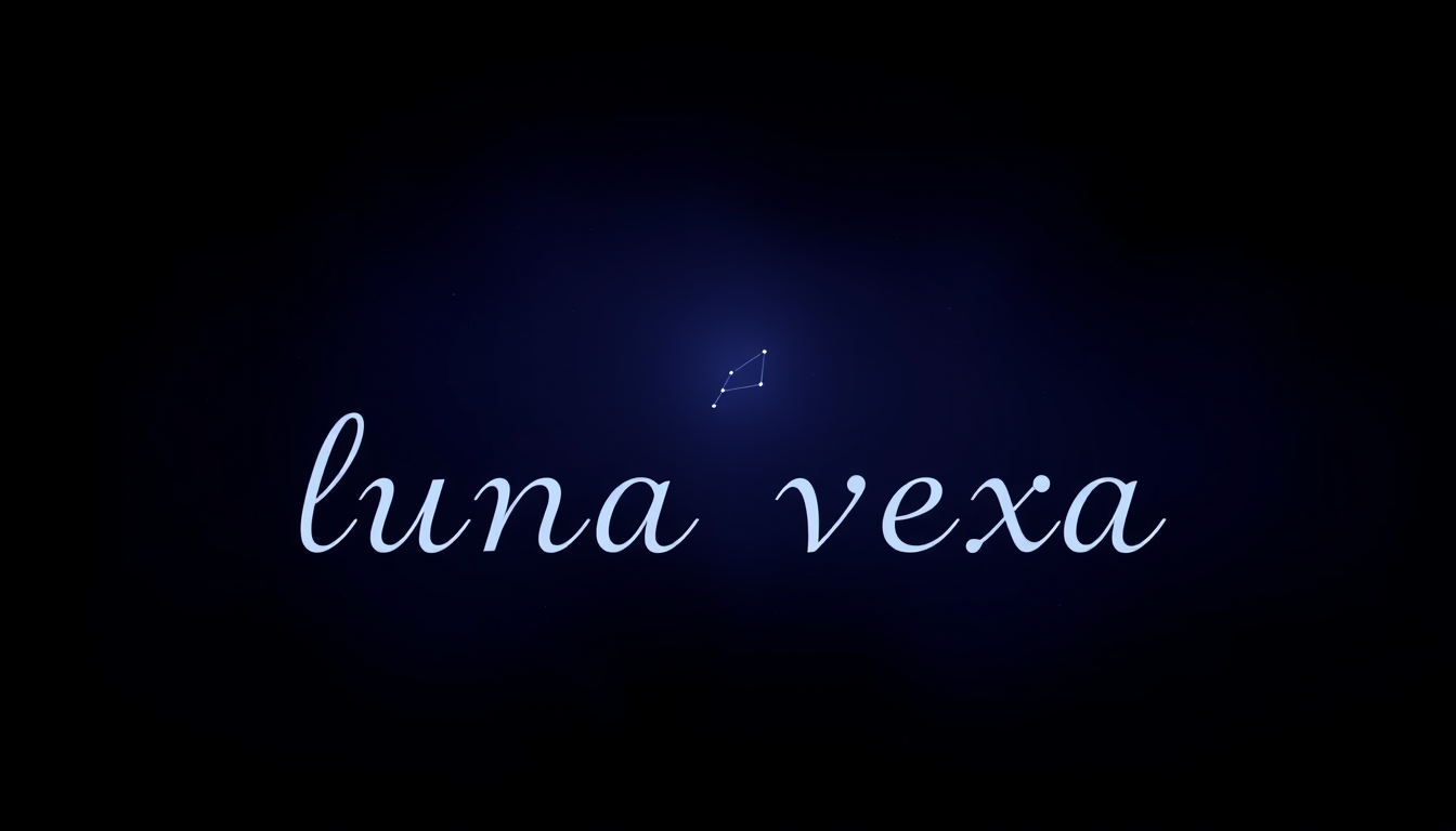 Main logo studio: Wide horizontal banner, extremely tiny and subtle “luna vexa”, purple-blue dark background, a delicate constellation directly above the name, soft glo