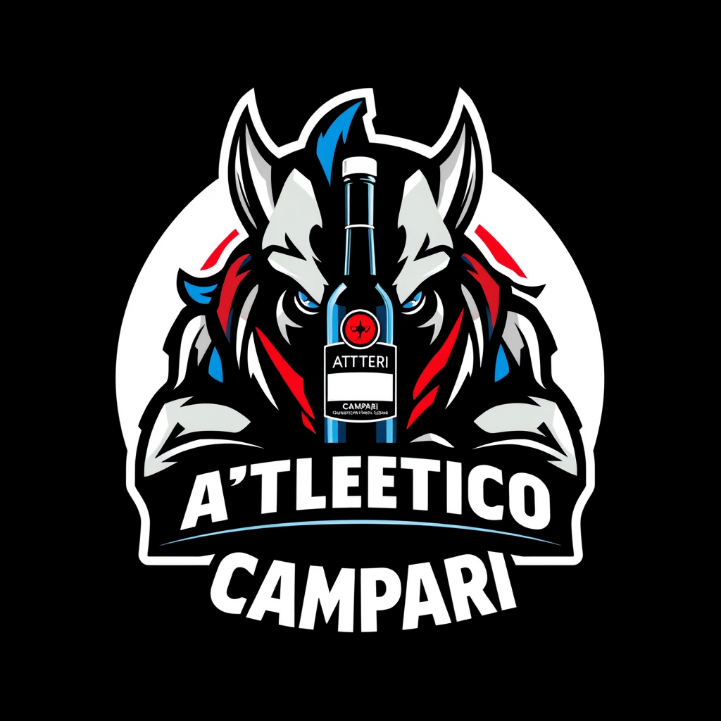 Main logo studio: Stemma per la squadra di calcio "ATLETICO CAMPARI": teschio stilizzato dall'aspetto aggressivo che indossa una sciarpa da tifoso nera e blu, piccola b
