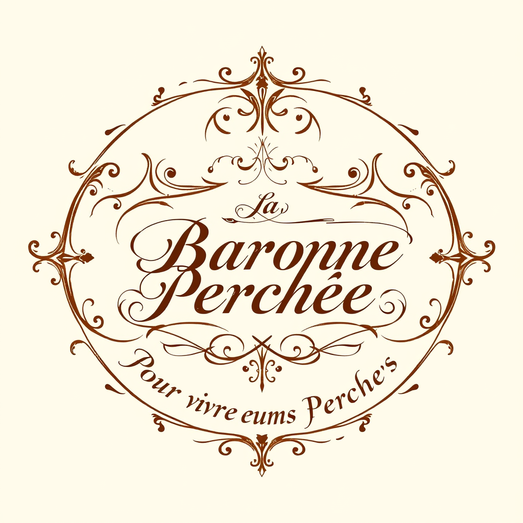 Main logo studio: Crée un logo élégant. Fond couleur crème et écriture et dessin en brun . Dessine un cadre ovale doré rococo avec des ombres portées. Écris au centre d