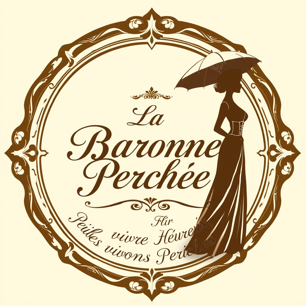 Main logo studio: Crée un logo élégant. Bicolore crème et brun . Un cadre ovale doré rococo ombré. Écris au centre : La Baronne Perchée. écriture manuscrite calligraphi
