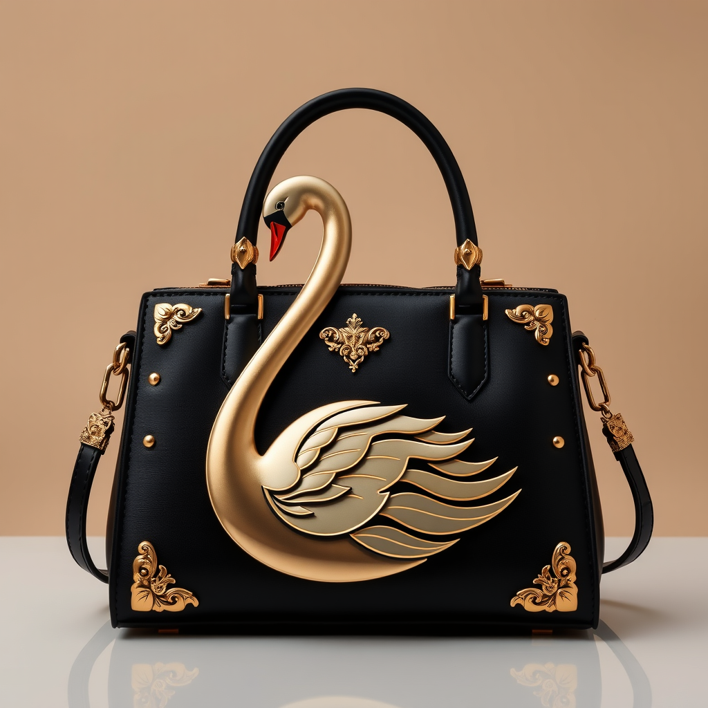 Main logo studio: LANA luxury handbag brand, elegant woman with a beautiful swan, black and gold, very expensive and feminine logo