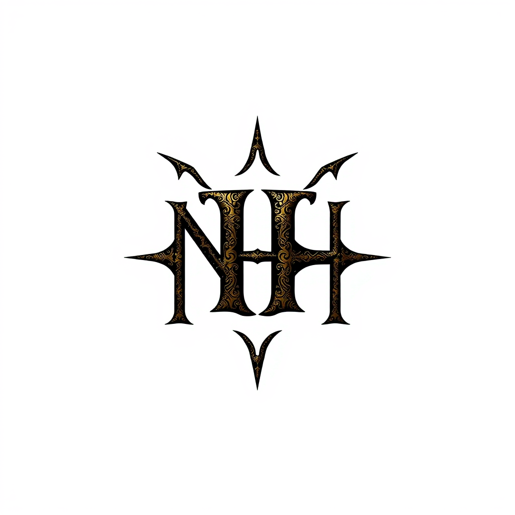 Lettermark Logo idea: lettermark logo of the letters Nox and Hunch, NH, a digital psychological gaming startup, old gothic texture, elegant intertwined mysterious logo, bla