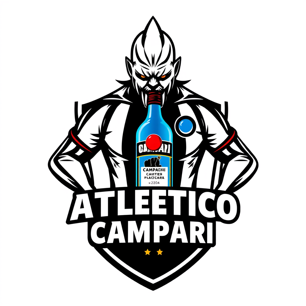 Main logo studio: Stemma per la squadra di calcio "ATLETICO CAMPARI": teschio stilizzato dall'aspetto aggressivo che indossa una sciarpa da tifoso nera e blu, piccola b