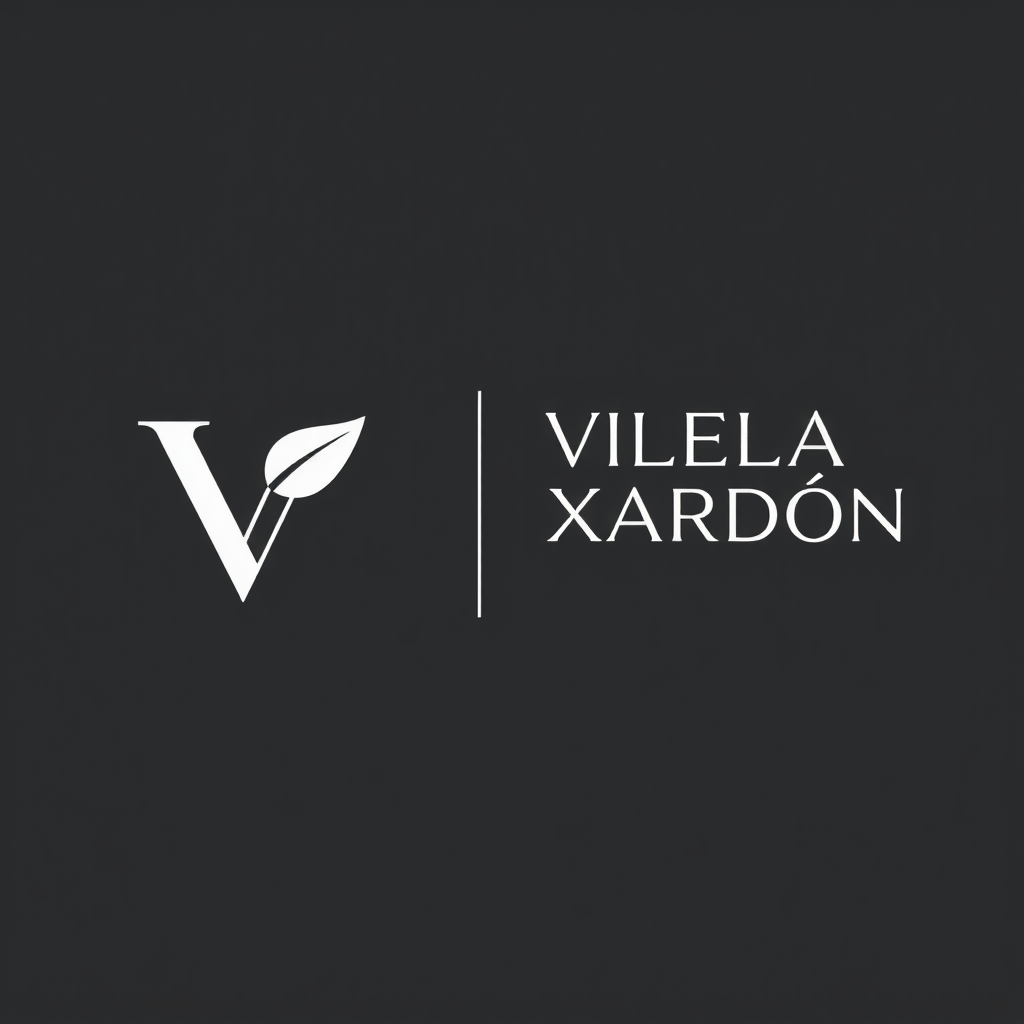 Monogram Logo idea: monogram logo combining the letters Logo for "VILELA XARDÍN" in pure white on solid black background. Left: Clean prominent capital V with a sleek lea