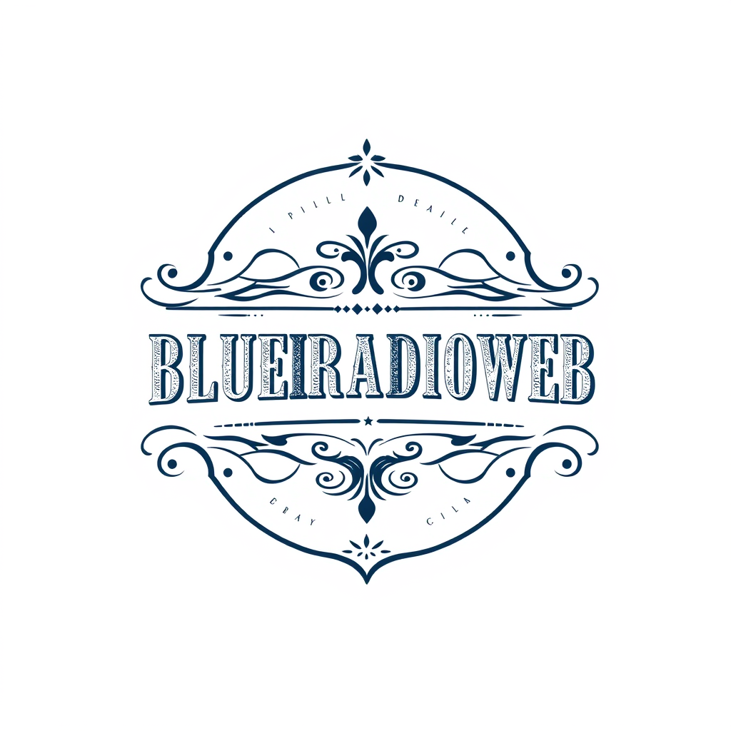 Vintage Logo idea: vintage retro logo for BLUERADIOWEB , classic retro design, aged typography, hand-drawn vintage illustration style, ornamental flourishes, weathered t