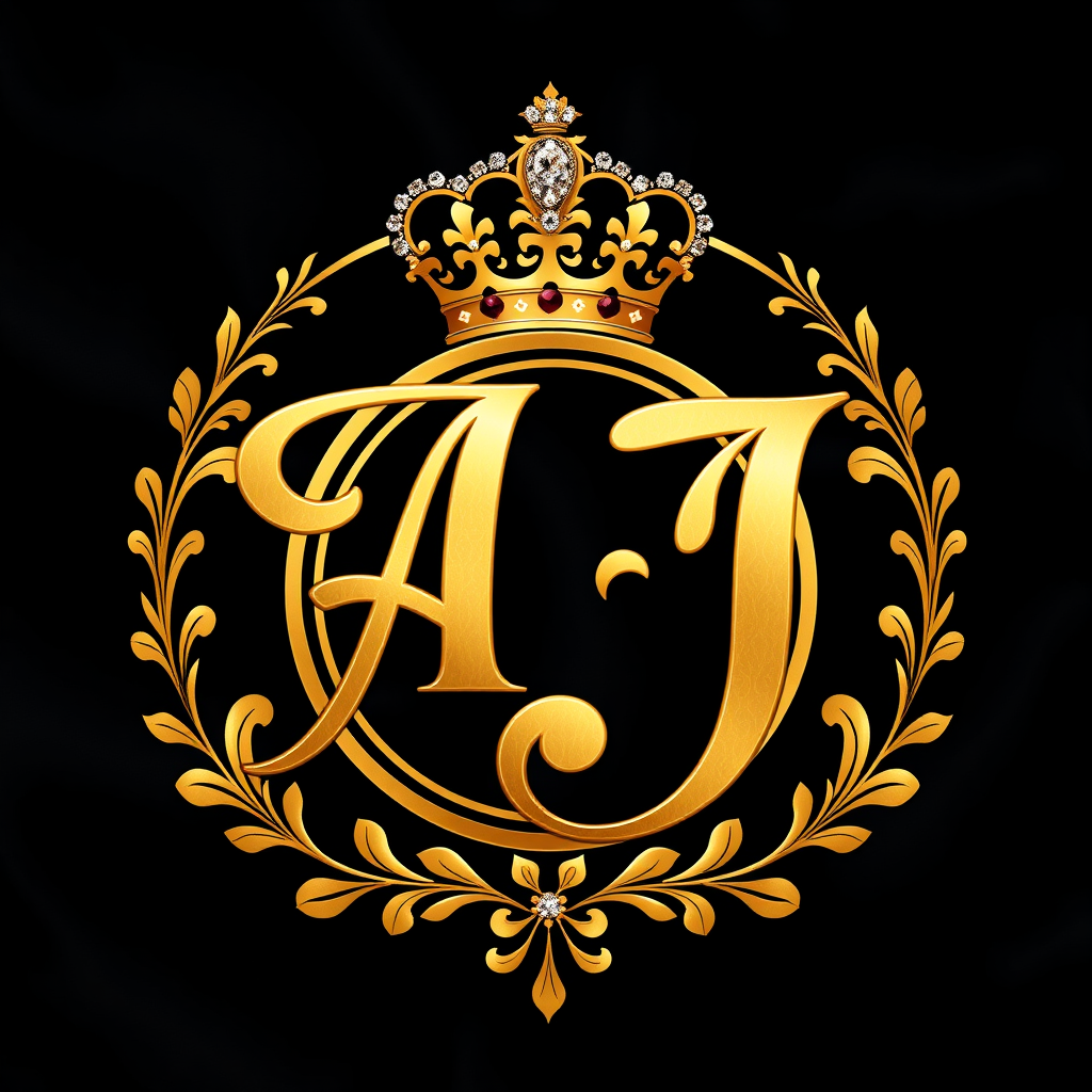 Main logo studio: Luxury royal crest logo using ONLY “AJ”. Make A large and elegant, with J flowing gracefully around and beneath it as a calligraphic flourish. Rich an