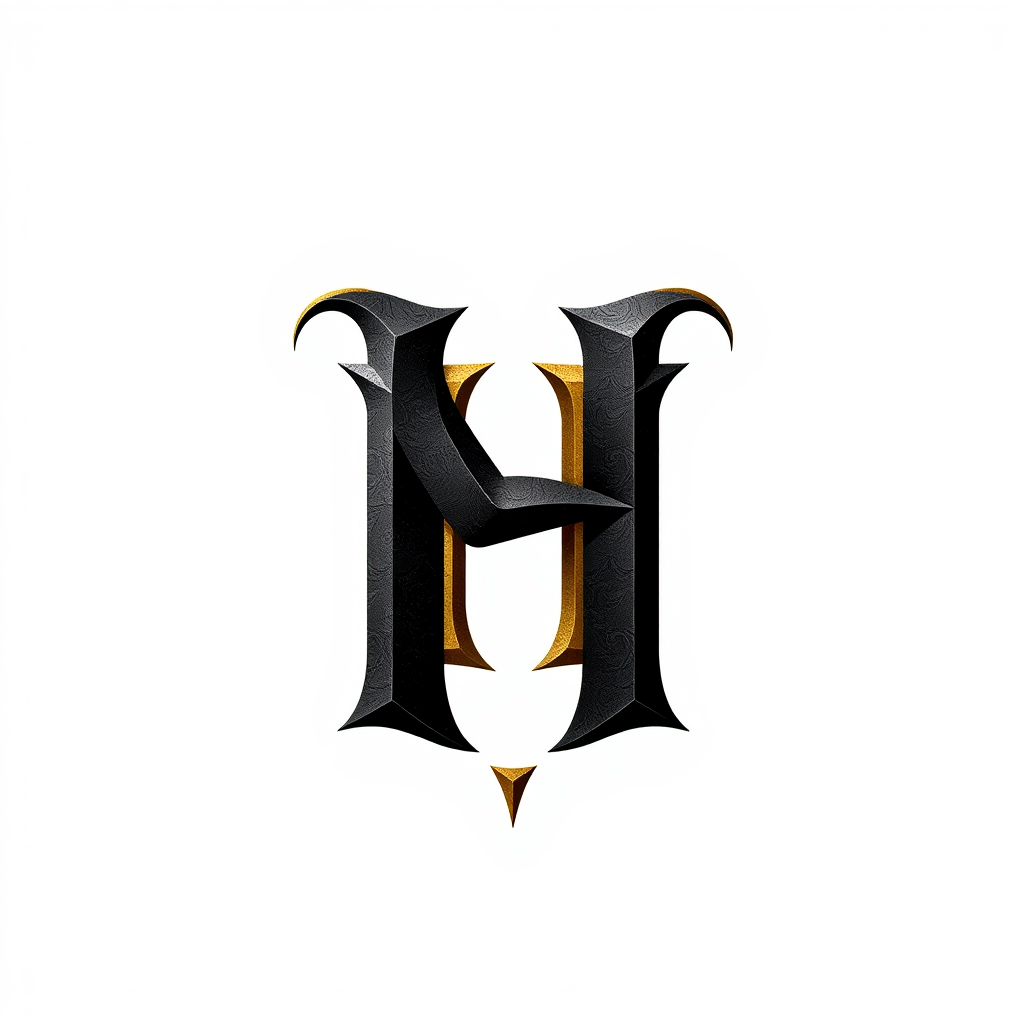 Lettermark Logo idea: lettermark logo of the letters Interlocking N and H, a online gaming startup, Intertwined and mysterious letters, dark black and light golden. Gothic