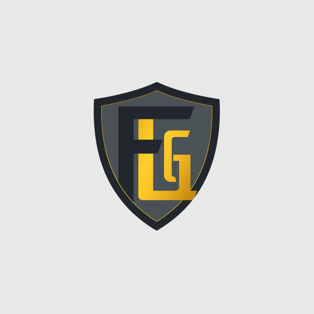 Main logo studio: Security company luxury minimalist monogram logo combining letters F and L, or FG, sleek modern surveillance lens or shield element, charcoal grey and