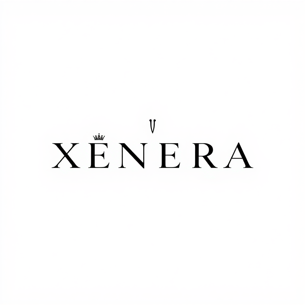 Main logo studio: Minimal luxury fashion logo for XÉNERA. Futuristic, feminine, elegant, bold and distinctive. Clean typography with a subtle symbol representing transf