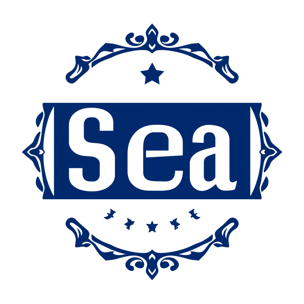 Emblem Logo idea: emblem logo of make the name sea but it looks like the back of a soccer jerseyname but make it sea blue , intricate crest seal badge design, symmetric