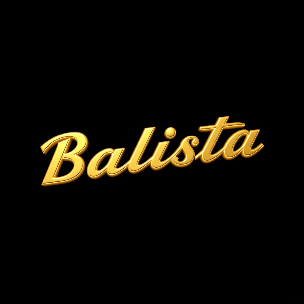3D Logo idea: 3D logo for 3D polished gold metal, black background. Spell Balista correctly. No extra text. , three-dimensional render, realistic depth and shadows,