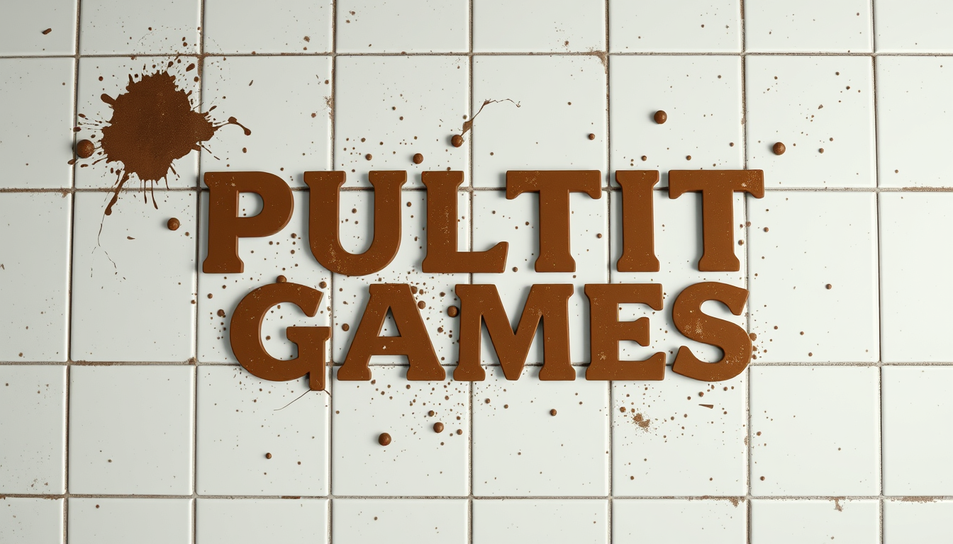 Main logo studio: white dirty tile floor, brown splattering animation of the words "PULTIT GAMES", dirty - grungey font