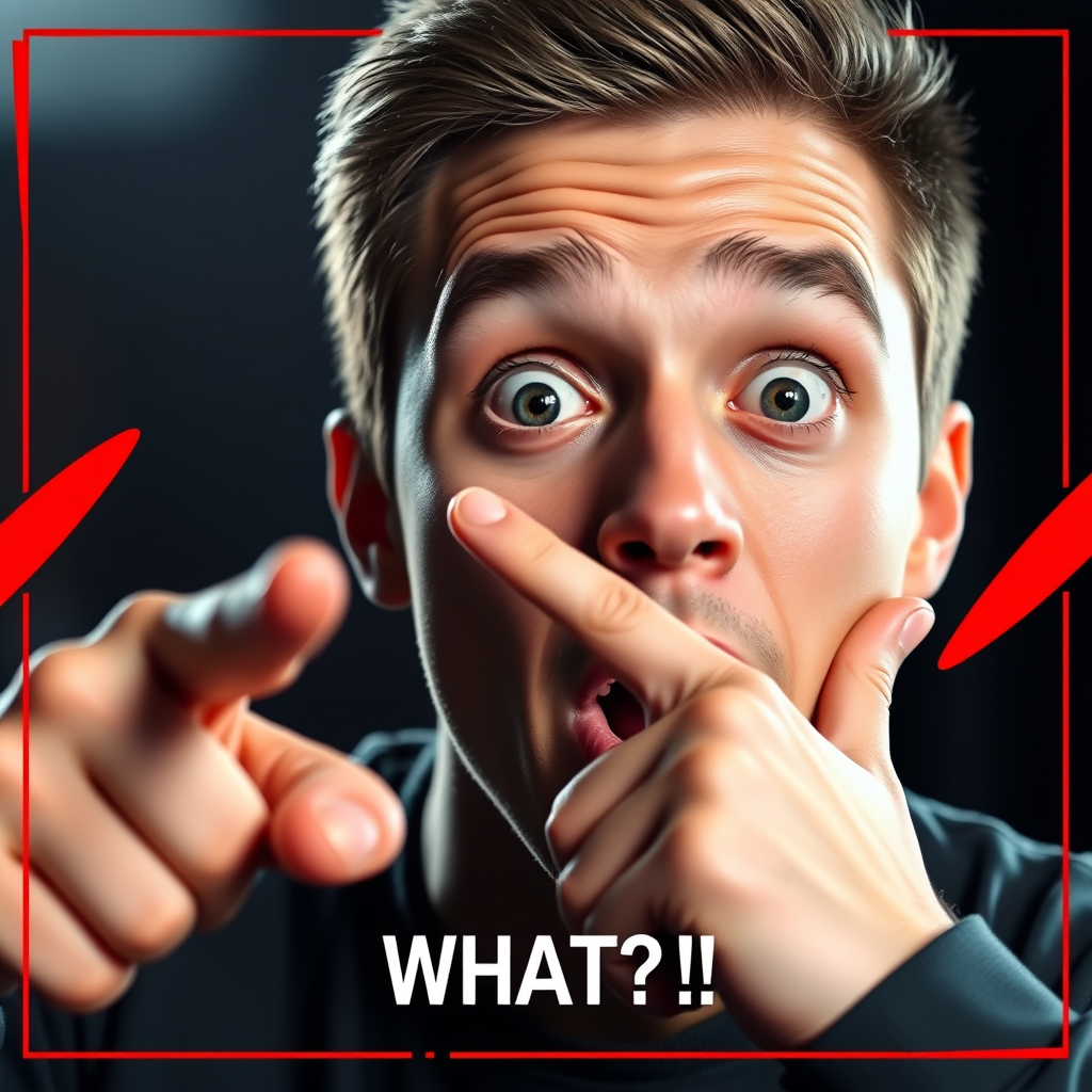 Main logo studio: Viral YouTube reaction thumbnail for REACTO. Use a realistic young male creator with a surprised, excited expression, close-up face, pointing toward t