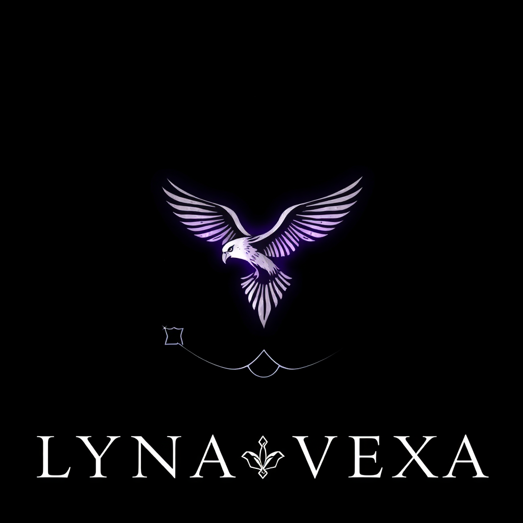 Main logo studio: LYNA VEXA — black cosmic logo, sleek crescent moon with a subtle condor/eagle drawn in delicate shamanic lines at the center, silver details, soft vio