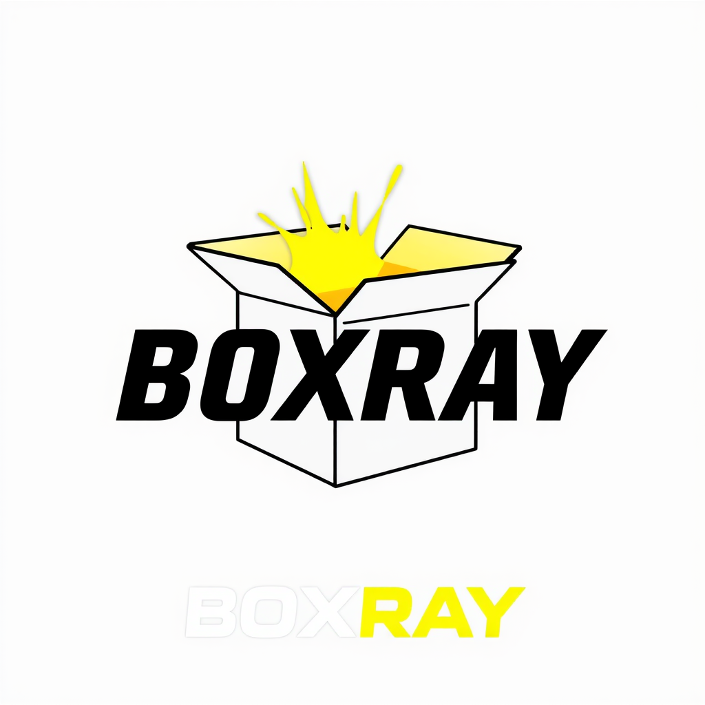 Main logo studio: Professional square logo for a YouTube and Aparat unboxing channel named BOXRAY. A sleek 3D cardboard shipping box slightly opened, with a bright ener