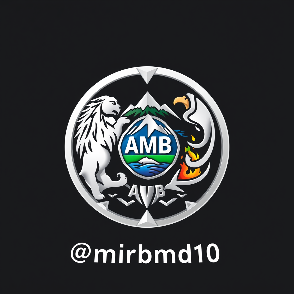 Main logo studio: Luxury futuristic heraldic logo. Write EXACTLY: "Amir Mohamad Bromand" and "@amirbmd10". Do NOT abbreviate the name. Add bold "AMB" and number "10". C
