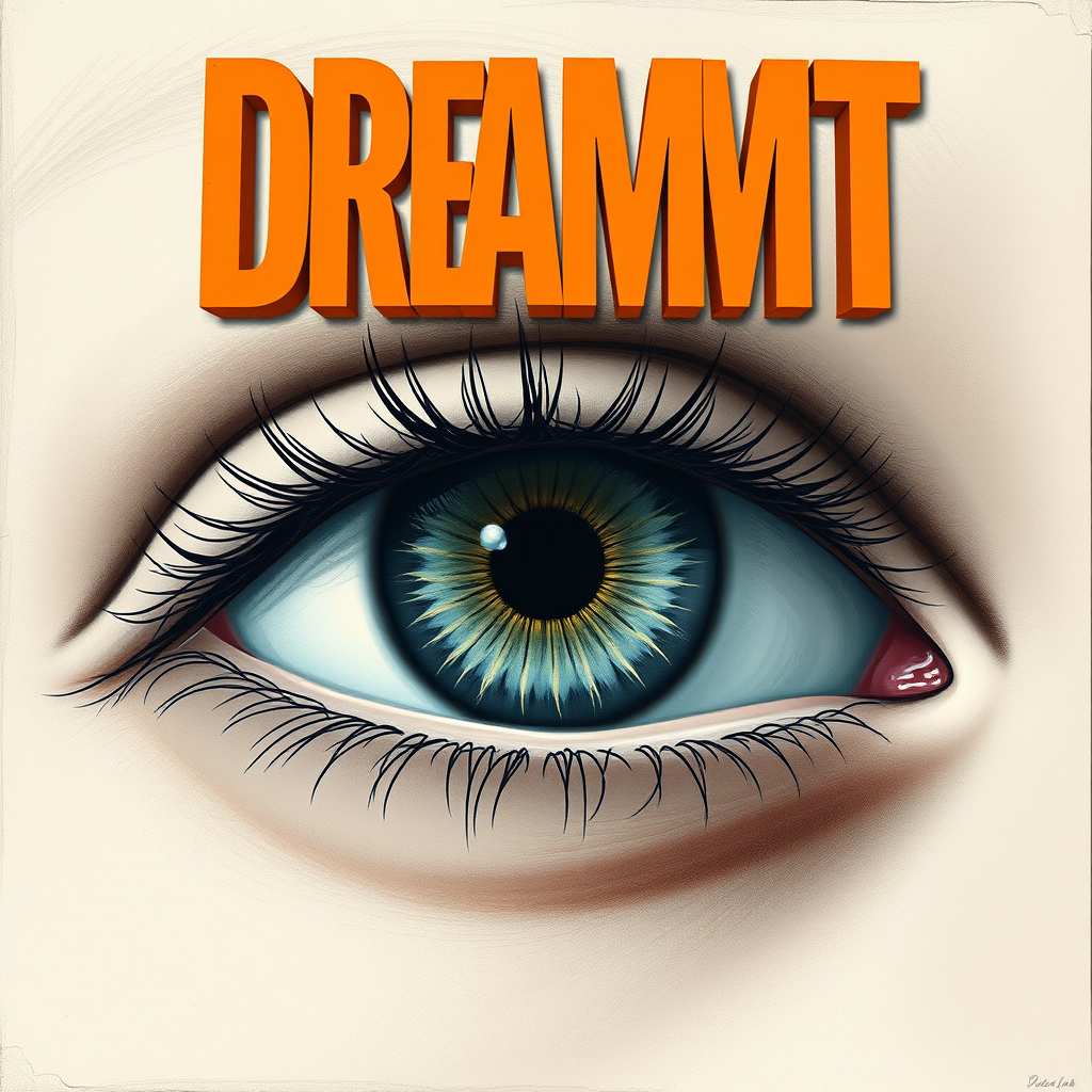 Main logo studio: A detailed, realistic eye staring blankly at us with the word DREAMT on top of it in caps and bold