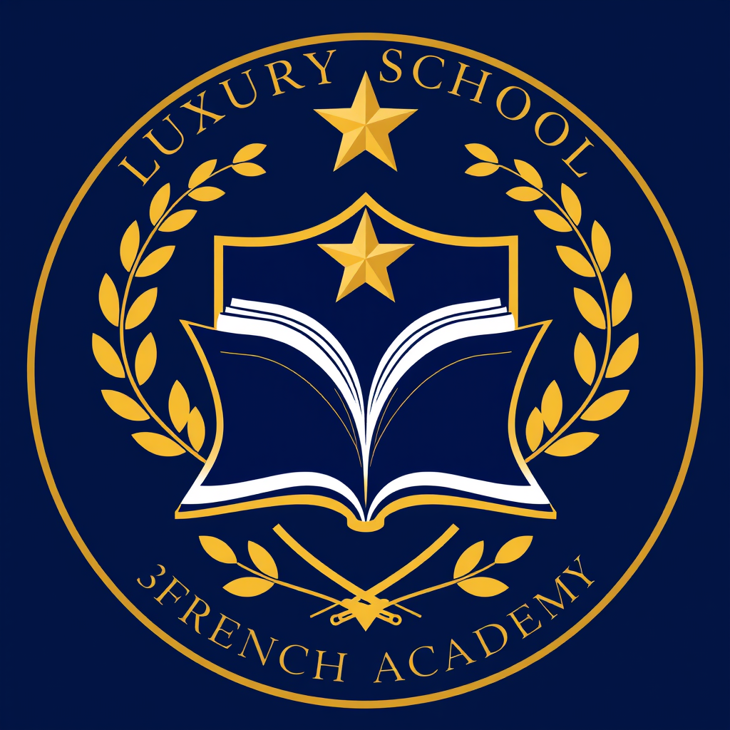 Main logo studio: Luxury school logo, navy blue and gold shield, open book, golden star, laurel branches, prestigious French academy, elegant symmetrical vector emblem,