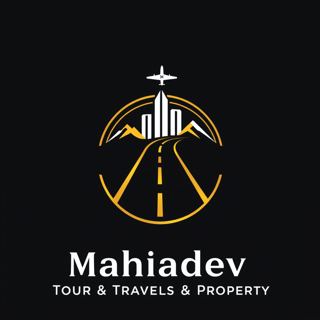 Main logo studio: Create a premium, minimal logo for “Mahadev Tour & Travels & Property”. Design a clean, elegant emblem combining travel and property in one simple sym