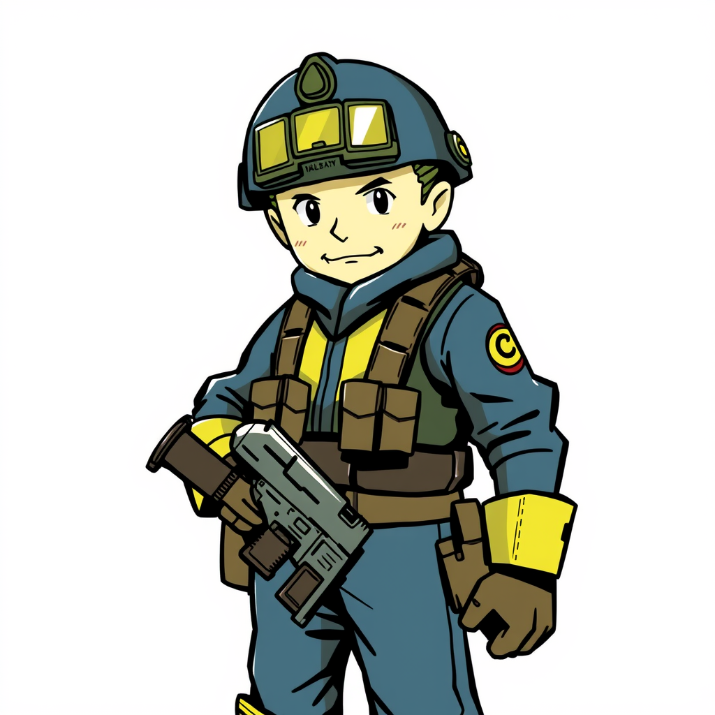 Main logo studio: Vault boy from fallout, he got the clothing style of the soldiers from the game : valor mortis