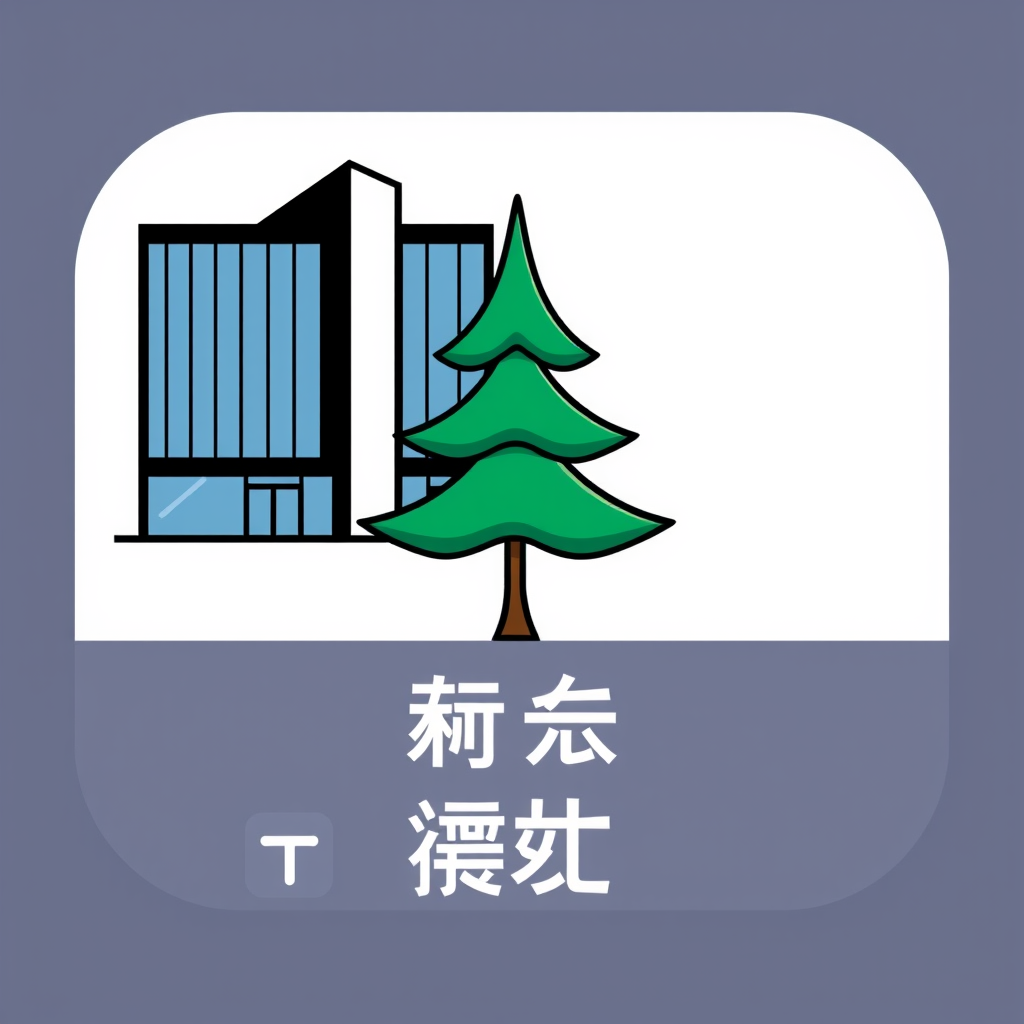 Cartoon Logo idea: cartoon style logo for “} Minimalist conceptual logo of a stylized pine tree standing beside a sleek modern architectural building. Both share the sam