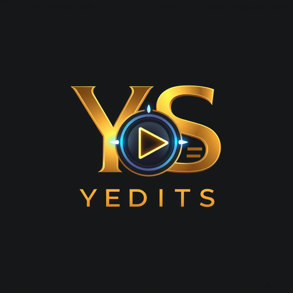 Main logo studio: Create a luxury cinematic logo for "YS Edits", a professional video editing studio. Use a black background, gold metallic YS letters, electric blue gl