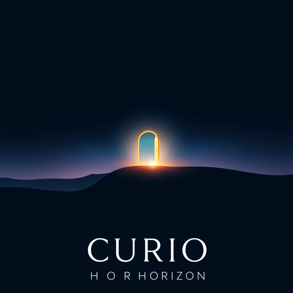 Main logo studio: Create a stunning premium logo for “CURIO HORIZON”. Rich deep navy background with a soft blue-to-purple atmospheric glow, subtle stars and a beautifu