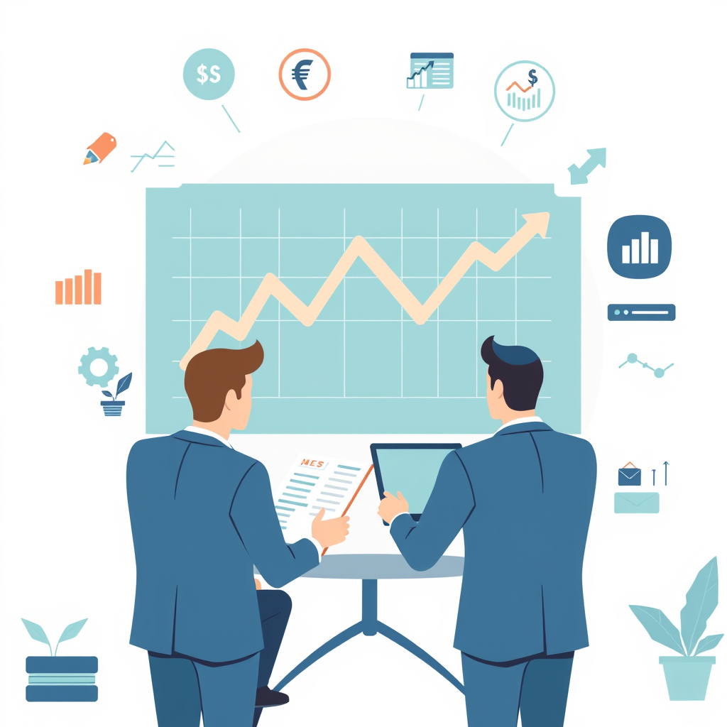 Main logo studio: Create a professional flat vector illustration of business people discussing stock market investment around a large financial chart, laptops, document