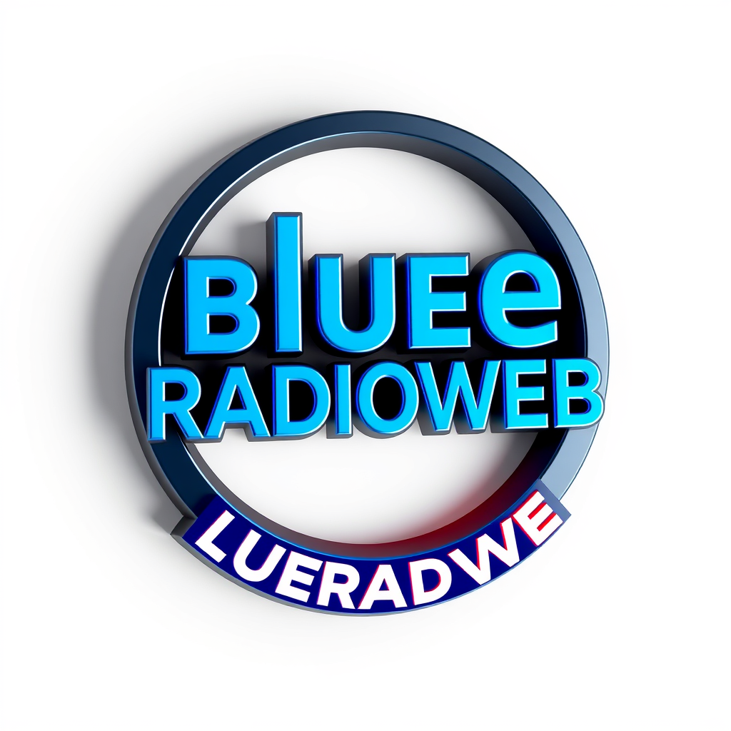 3D Logo idea: 3D logo for BLUERADIOWEB LISTEN TO YOUR MUSIC a music brand blue red , three-dimensional render, realistic depth and shadows, glossy or metallic surfa