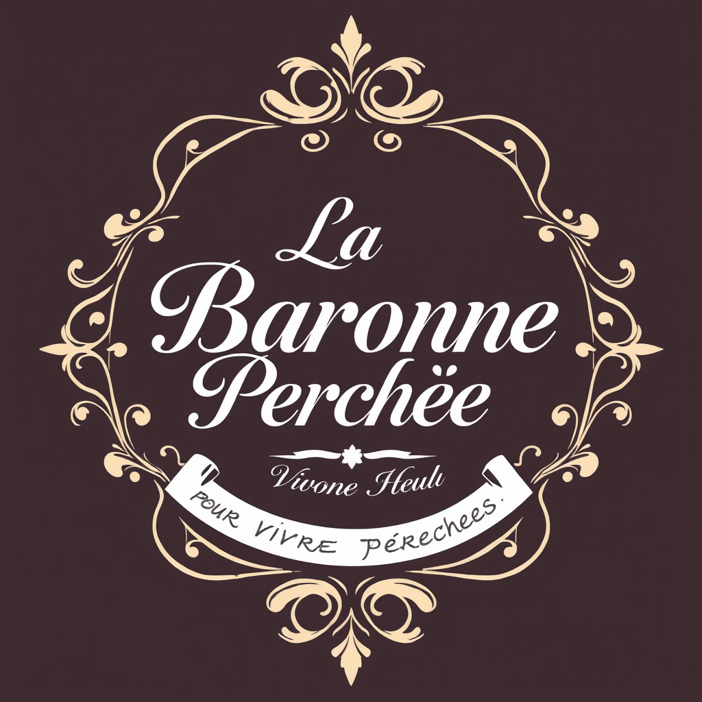 Main logo studio: Crée un logo élégant. Cadre doré rococo. Écris dans le cadre : « La Baronne Perchée » en écriture calligraphiée. Ecris en dessous du cadre: Pour Vivre