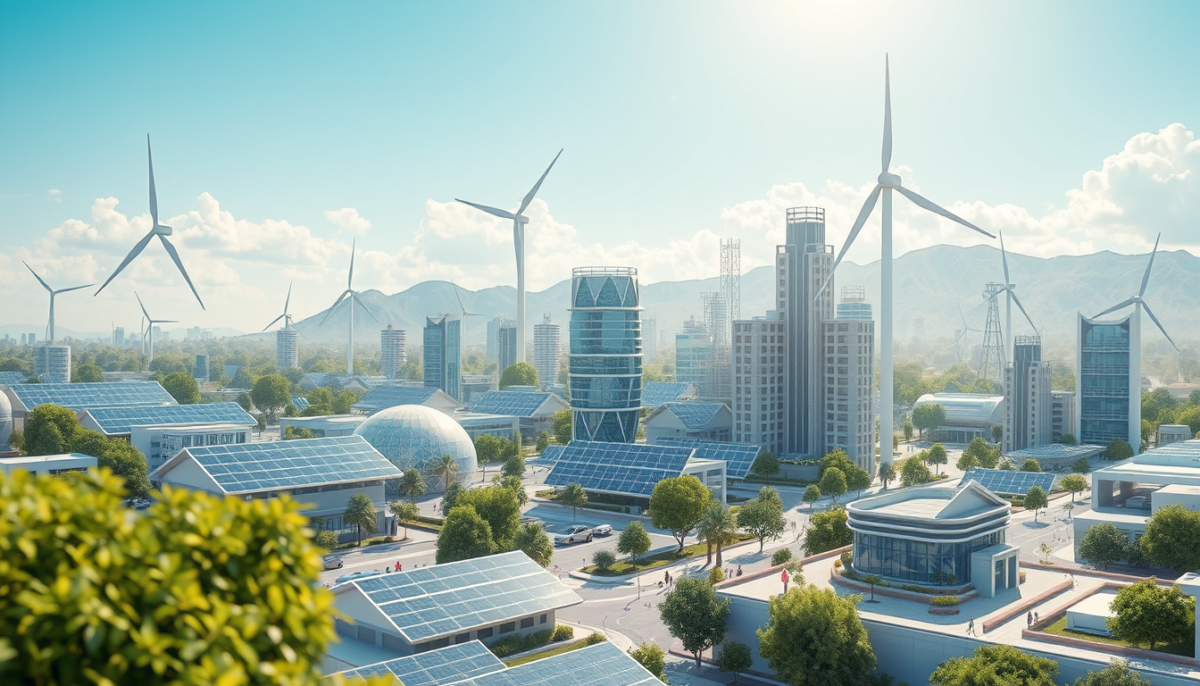 Main logo studio: Futuristic renewable energy city powered by solar and wind technology, bright daylight, realistic 3D visualization