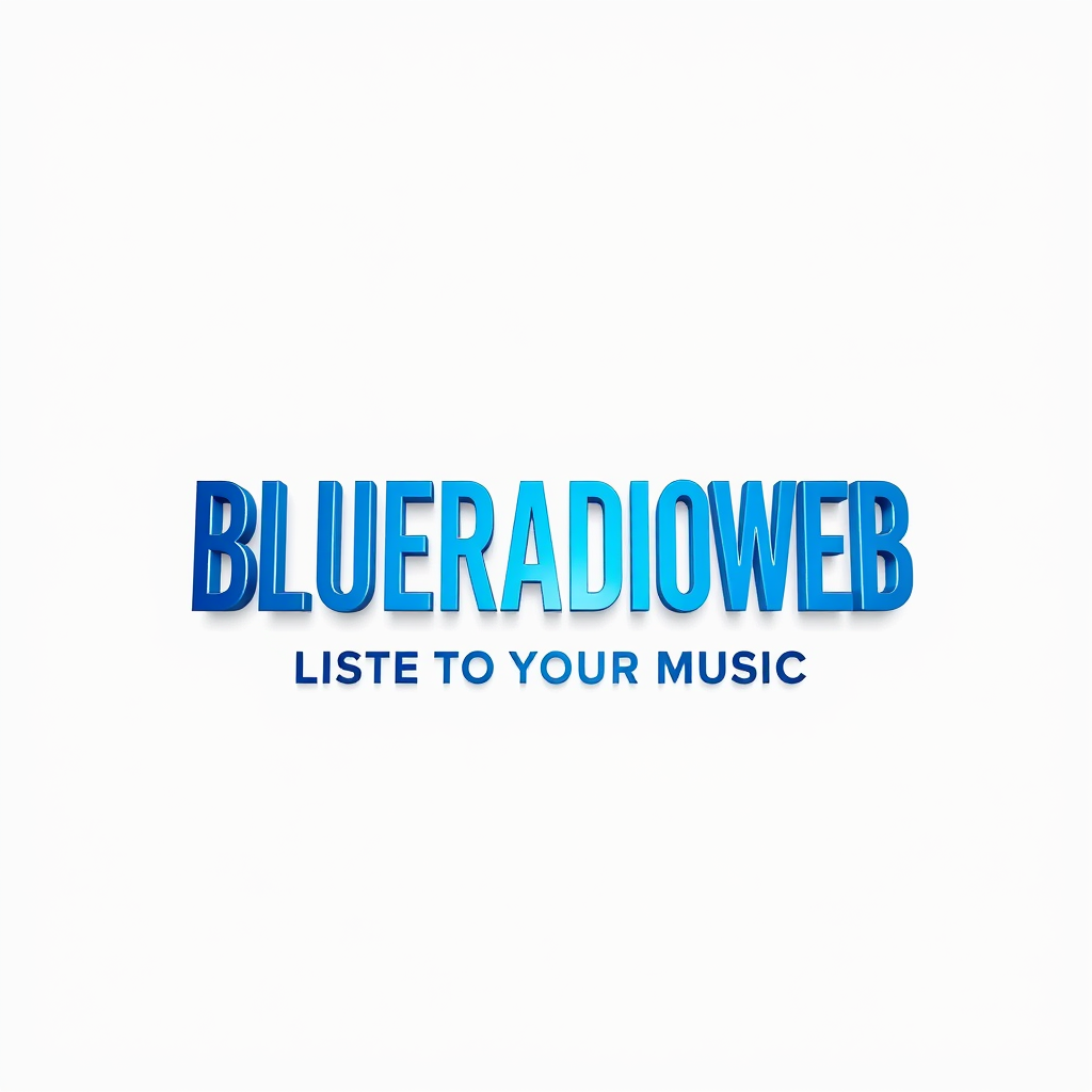 3D Logo idea: 3D logo for BLUERADIOWEB LISTEN TO YOUR MUSIC brand white blue , three-dimensional render, realistic depth and shadows, glossy or metallic surface, dr