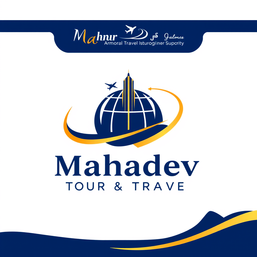 Main logo studio: Create a premium, modern and professional logo for ‘Mahadev Tour & Travel and Property’. Use the reference designs provided: clean travel-inspired sym
