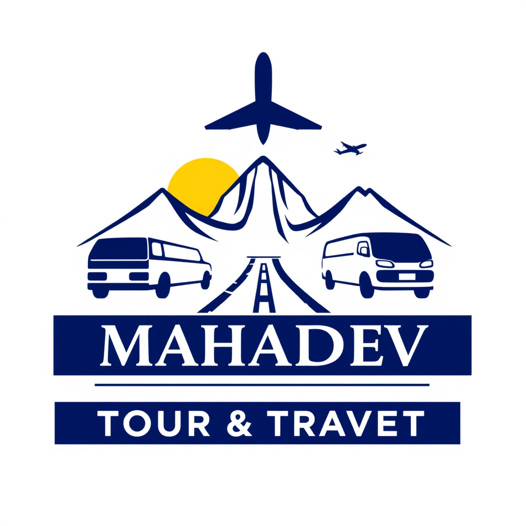Main logo studio: Create a modern, premium logo for “Mahadev Tour & Travels & Property”. The business offers tour packages, train & flight ticket booking, local and out
