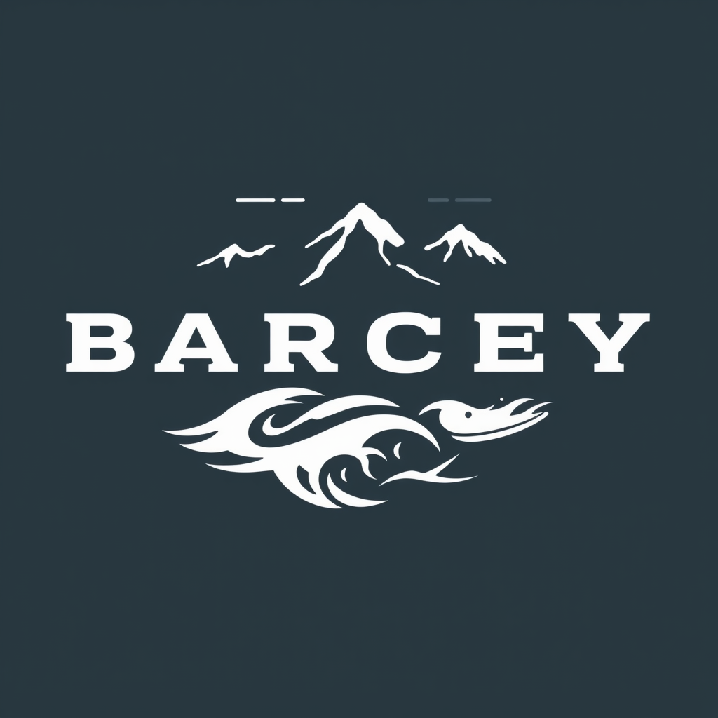 Main logo studio: Create a premium minimalist outdoor fishing brand logo for “BARCEY” simple line for waves and use a stormy solid color background maybe asd mountains