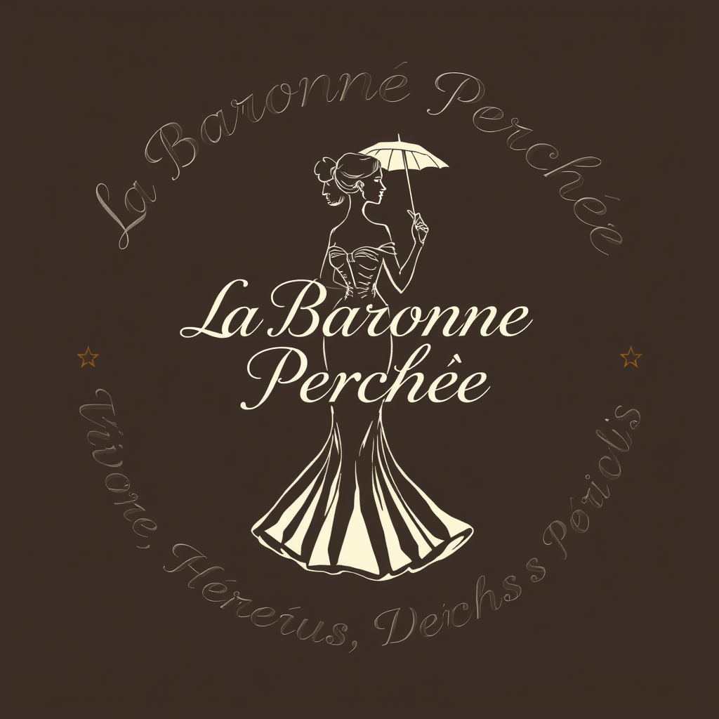 Main logo studio: Crée un logo élégant. Au centre : « La Baronne Perchée » en écriture manuscrite calligraphiée, lisible, avec L, B et P en majuscules. Autour : « Pour