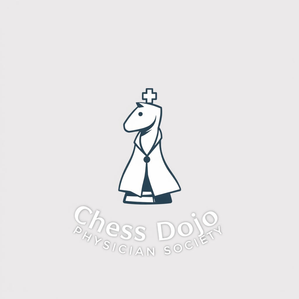 Main logo studio: Clever minimalist logo for “Chess Dojo Physician Society.” A chess knight wearing a tiny physician’s white coat, designed in a clean modern emblem sty