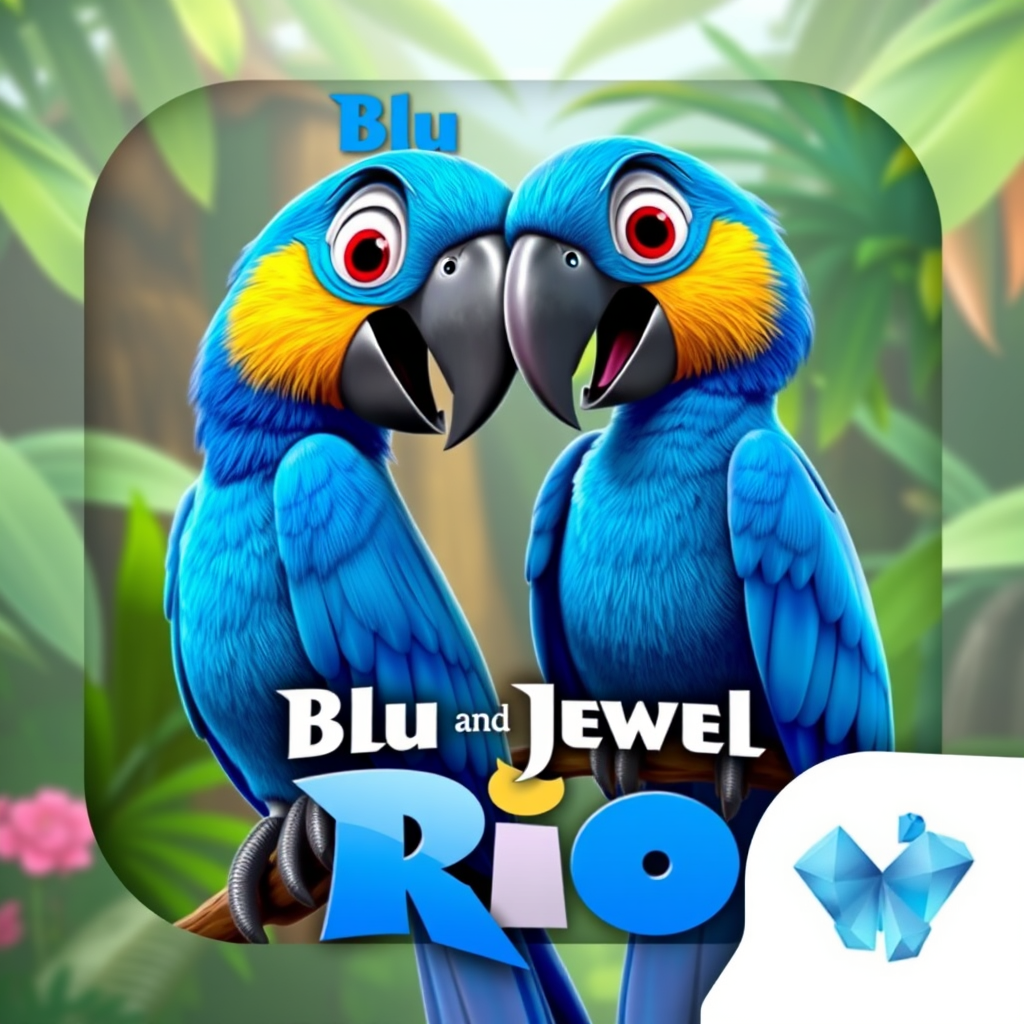 Main logo studio: Blu and Jewel from Rio, two recognizable blue Spix’s macaws, Blu left and Jewel right, tropical Brazilian rainforest background, colorful animated mov