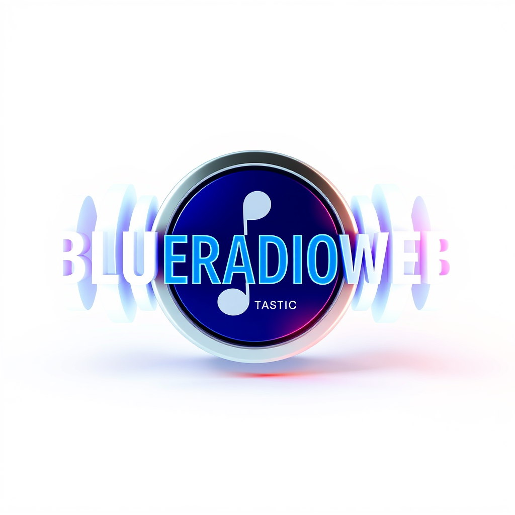 3D Logo idea: 3D logo for BLUERADIOWEB LISTEN TO YOUR MUSIC a music brand form vibration white blue red , three-dimensional render, realistic depth and shadows, glo