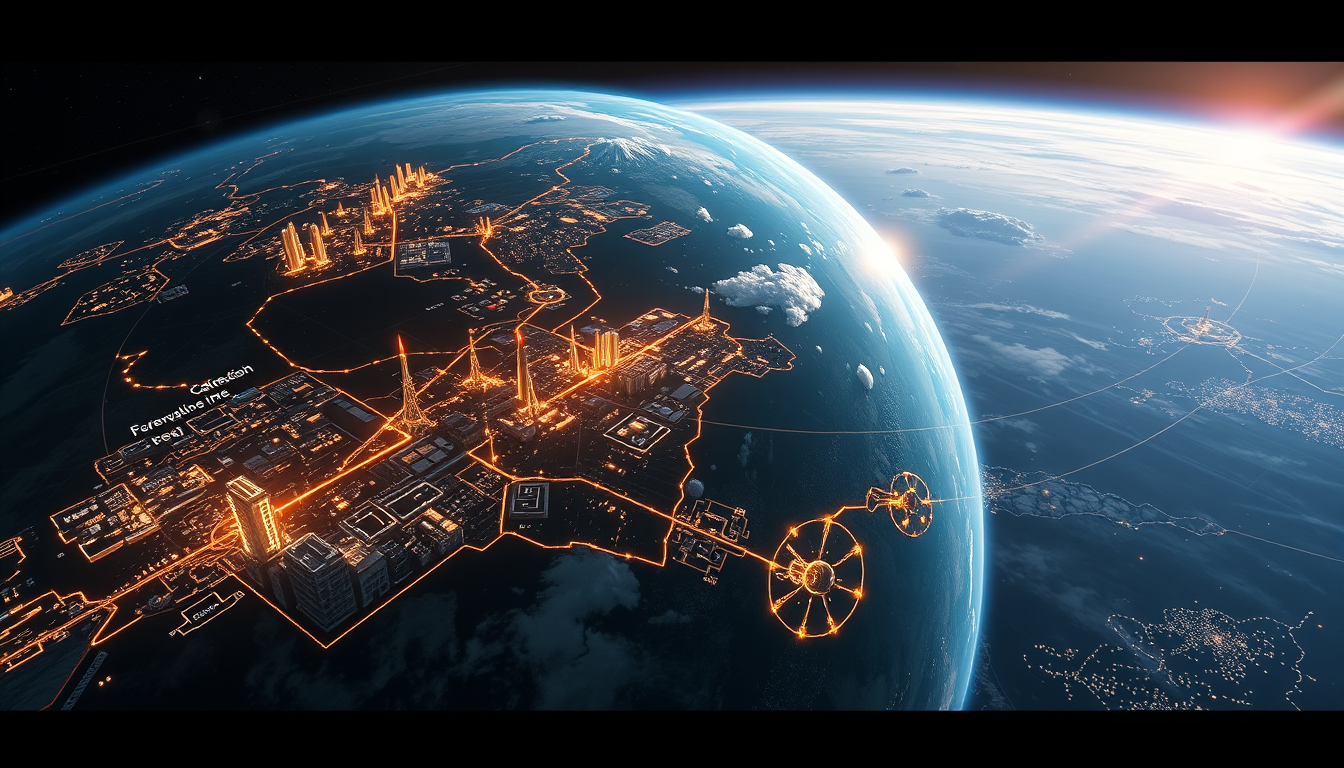 Main logo studio: Beautiful futuristic Earth viewed from space with glowing sustainable cities, renewable energy network, cinematic high-detail visualization, commercia