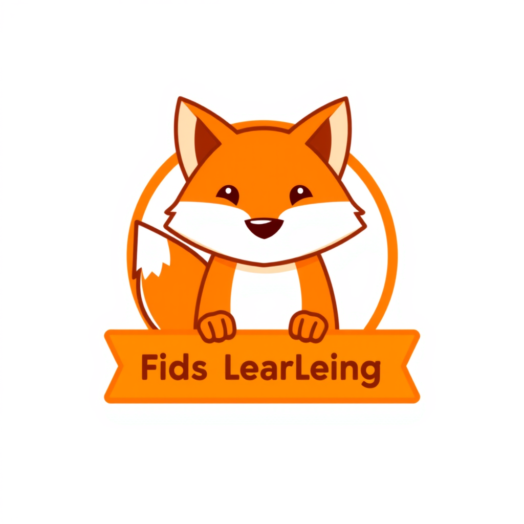 Badge Logo idea: badge logo for friendly geometric fox mascot logo for a kids learning app, orange , bold badge design, text enclosed in a rounded rectangular or circu
