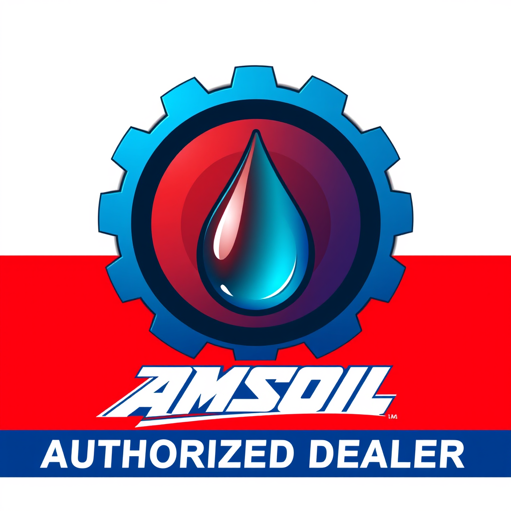 Wordmark Logo idea: wordmark logo of Synthetic Distribution LLC - AMSOIL authorized dealer logo, gear icon with oil drop, red and blue colors, bold professional automotiv
