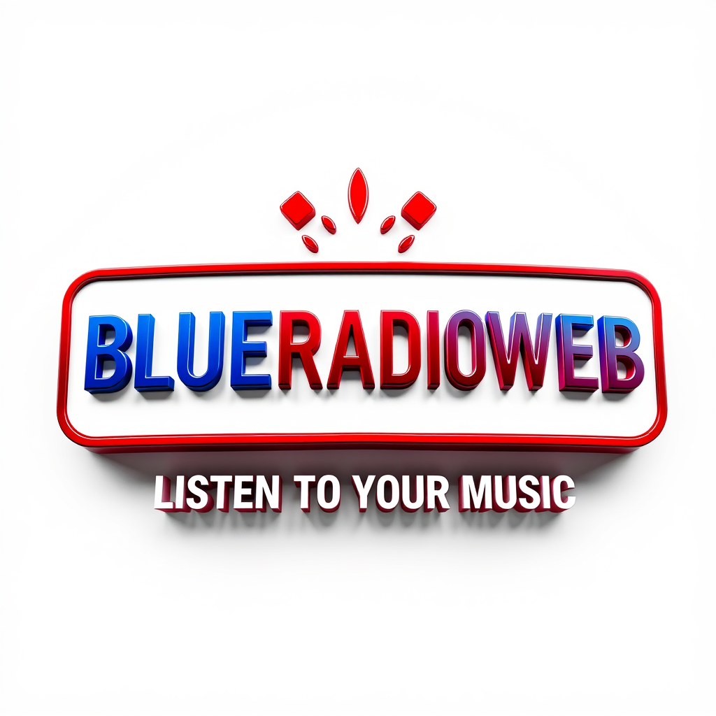 3D Logo idea: 3D logo for BLUERADIOWEB LISTEN TO YOUR MUSIC a music brand white blue red , three-dimensional render, realistic depth and shadows, glossy or metallic